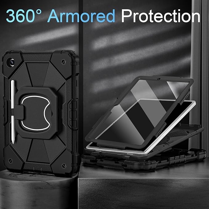 Case for Samsung Galaxy Tab A11+/A9+ Plus 11 Inch with Screen Protector/Rotating Stand/Pen HolderMilitary Grade Shockproof Cover for Galaxy Tab A11 Plus /A9 Plus CasesBlack