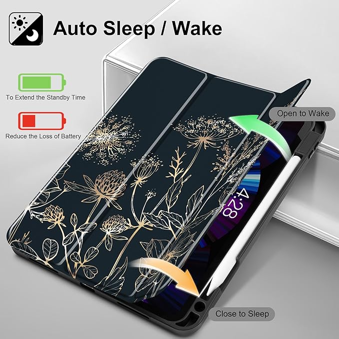 May Chen Case for iPad Pro 11 inch (4th 3rd 2nd &amp 1st Gen) 2022 2021 2020 2018 Trifold Stand + Pencil Holder + Auto Wake/Sleep + Soft TPU Protective Stand Back Cover Abstract Floral