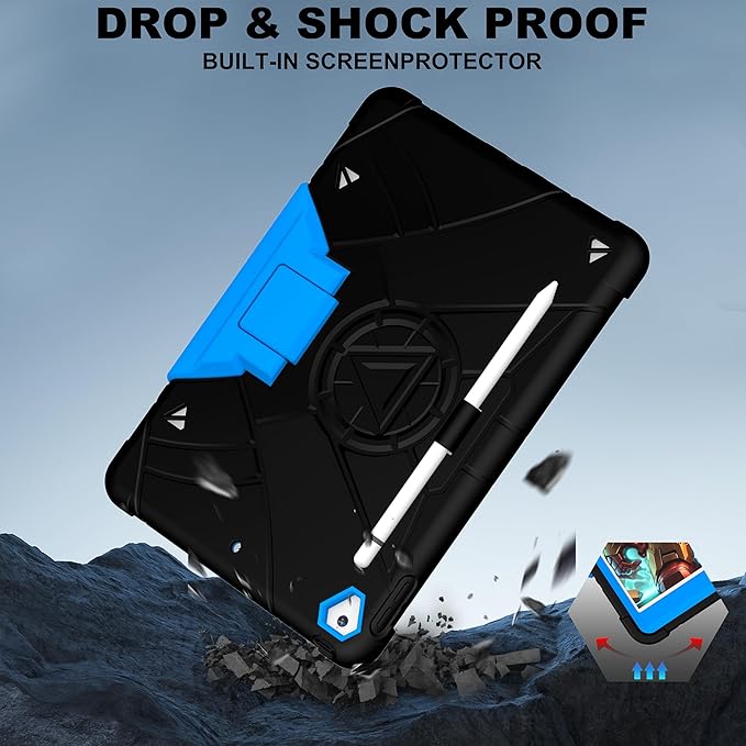 Case for iPad 9th/8th/7th Generation 10.2 inch Heavy Shockproof Cover with Screen Protector/180° Rotating Handle/Bracket/Pen Holder/Shoulder Strap Kids Case for 2021/2020/2019 (D-Black+Blue)