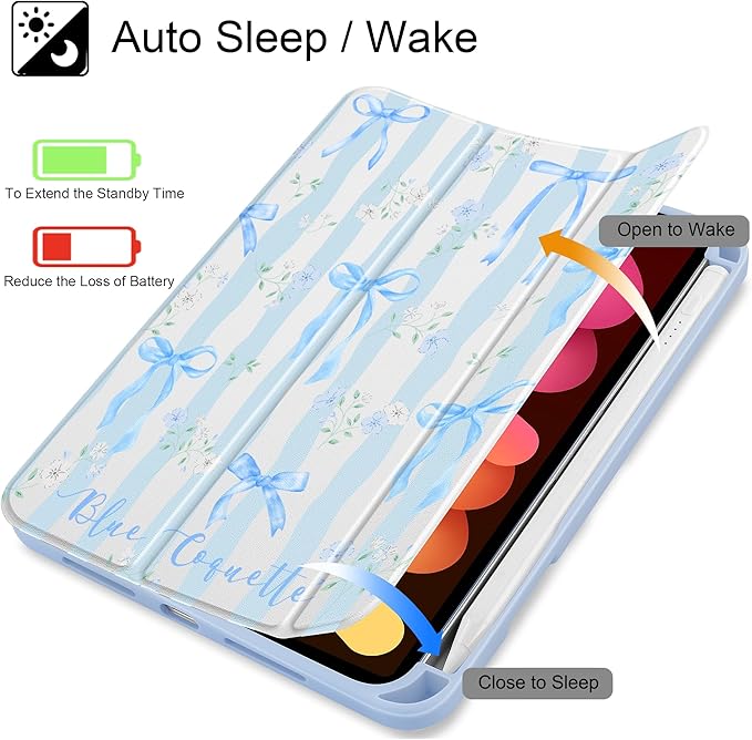 May Chen Slim Case for iPad mini 7 (A17 Pro 7th Generation) 2024 / iPad mini 6 (6th Gen) 8.3 Inch [Built-in Pencil Holder] Shockproof Cover Clear Clear Back Shell Auto Wake/Sleep Flower Blue Waves