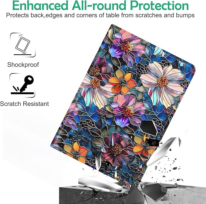 Compatible with iPad Air 13 inch Case (M3 2025 /M2 2024)/12.9 inch Case (6th/5th/4th/3rd 2022/2021/2020/2018) with Pencil HolderAuto Wake/Sleep Protect CoverArtistic Stained Glass Floral