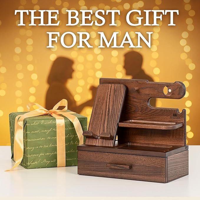 TESLYAR Wood Phone Docking Station with Drawer - Nightstand Organizer - Desk Organizer for Husband - Birthday Gifts for Men Dad Anniversary Idea Key Holder Stand Watch &amp Accessories (Bourbon Br