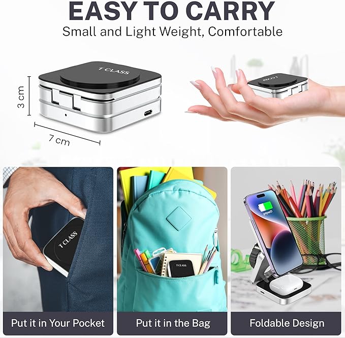 Wireless 3 in 1 Magnetic Charging Station Portable Foldable Fast Charge Travel | Black and Silver Mobile Phone Holder | with Extra Magnetic Ring | New Anti-Slip Earbud Base Charger