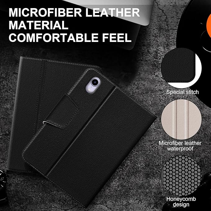 for iPad mini 7 (A17 Pro) 2024 iPad mini 6th Generation 2021 with Pencil HolderSmart Leather Cover with Buckle Protective Auto Wake/Sleep Adjustable Stand Multiple View Angles Black