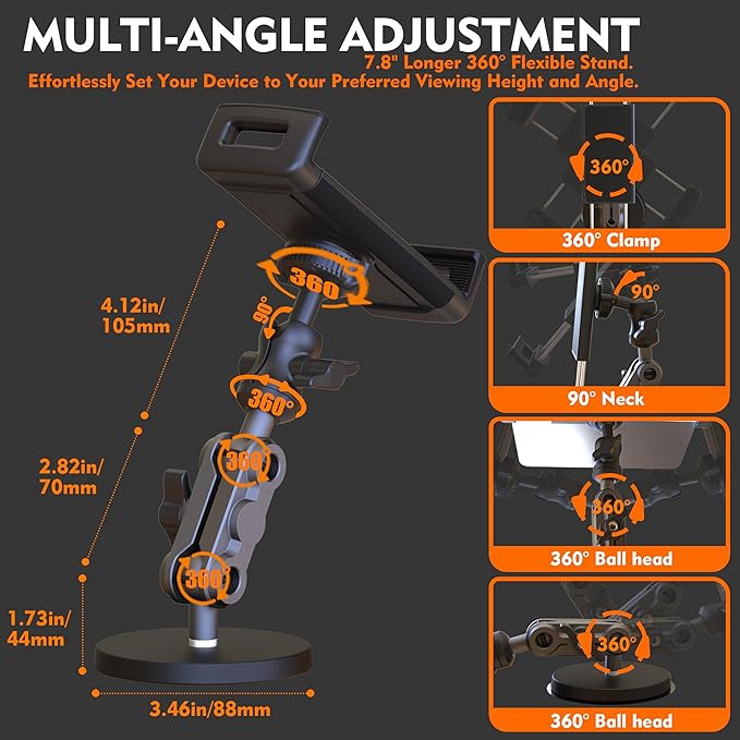Universal Magnetic Tablet Holder 360°Adjustable 7.7 Aluminum Heavy Duty Arm 3.5 Magnetic Base for Fridge Whiteboard Gym Warehouse Kitchen Fits 4-13 Tablets Phones