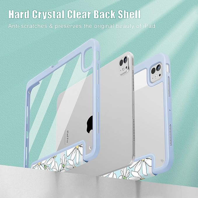 May Chen Case for iPad Pro 11-Inch M5/M4 2025/2024 (6th/5th Generation) [Penceil Holder] Trifold Stand Auto Wake/Sleep Clear TPU Protection Back Cover Heart Rabbits