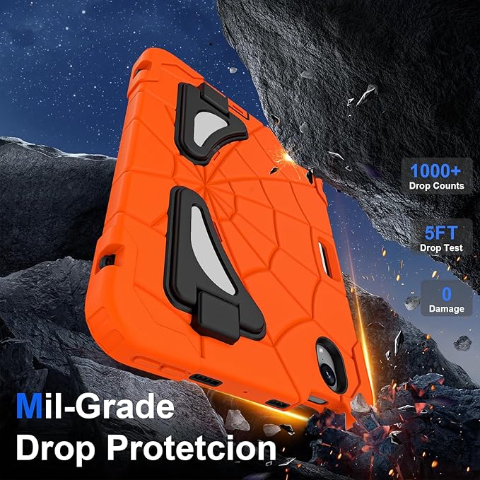 Kids Case for iPad mini 7 A17 Pro 2024/ Mini 6 8.3 inch Spider Case for iPad mini 7th 6th Generation Shockproof Durable Full Protective Cover with Pencil Holder Kickstand (Orange+Black)