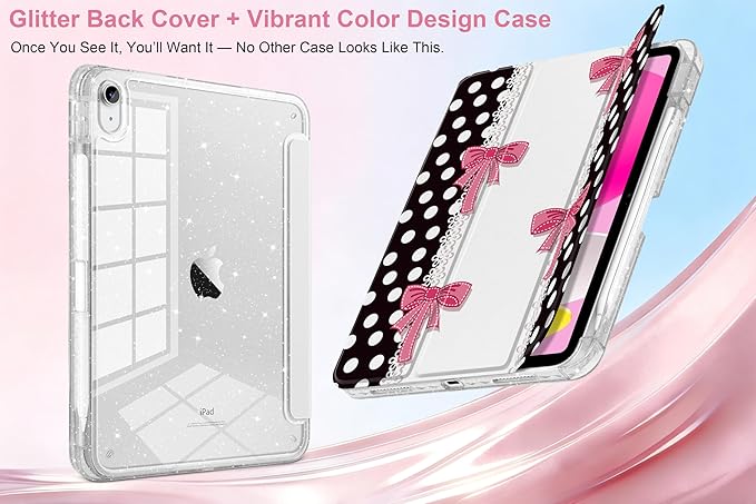 MEEgoodo Case for iPad A16 11th Generation 2025/10th Generation 2022 Glitter Tablet Cases with Transparent Acrylic Back+Trifold Stand +Pencil Holder+Auto Wake/SleepDots with Pink Bows