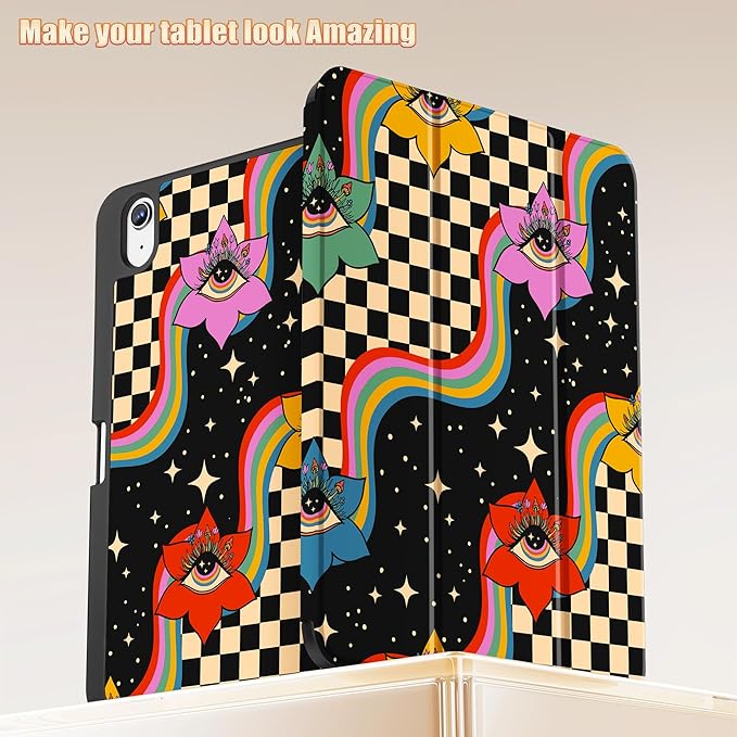 Tuiklol Case for iPad 10.2 Inch 2021 2020 2018 Release 9th / 8th / 7th Generation Built-in Pencil Holder TPU Protective Stand Back Cover Trifold Stand-Auto Wake/Sleep Flowers &amp Eyes