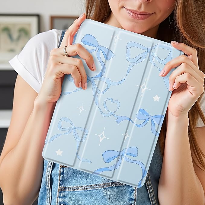 Idocolors Case for iPad 11 inch (A16 Chip) 2025 Generation 11th / iPad 10.9 inch 2022 10th Gen Built-in Pencil Holder with Soft TPU Shockproof Back Shell Auto Wake/Sleep Blue Ribbon Bow-Blue