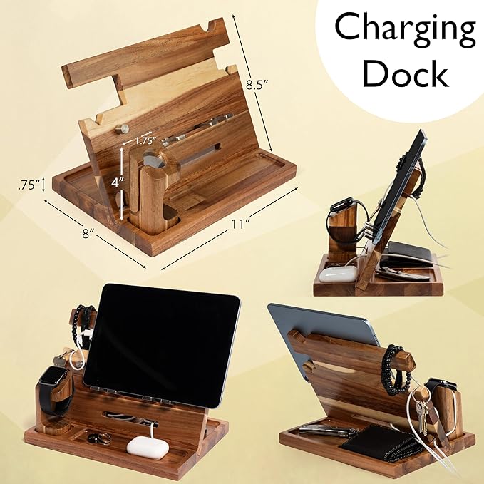 Wood Phone Docking Station for Men Nightstand Organizer Gifts for Him from Daughter Son Wife Christmas Anniversary Birthday Gift Ideas for Husband Him