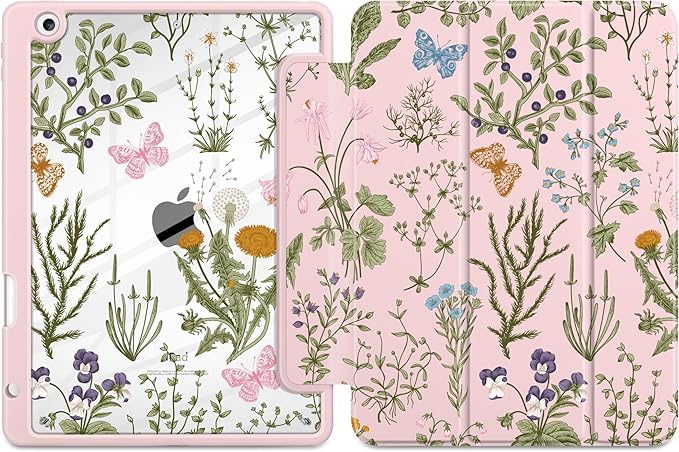 DONGKE for iPad 9th/8th/7th Generation Case 10.2 Inch (2021/2020/2019) [Auto Sleep/Wake &amp Pencil Holder] Clear Acrylic Back Trifold Stand Cover Wildflower &amp Butterfly