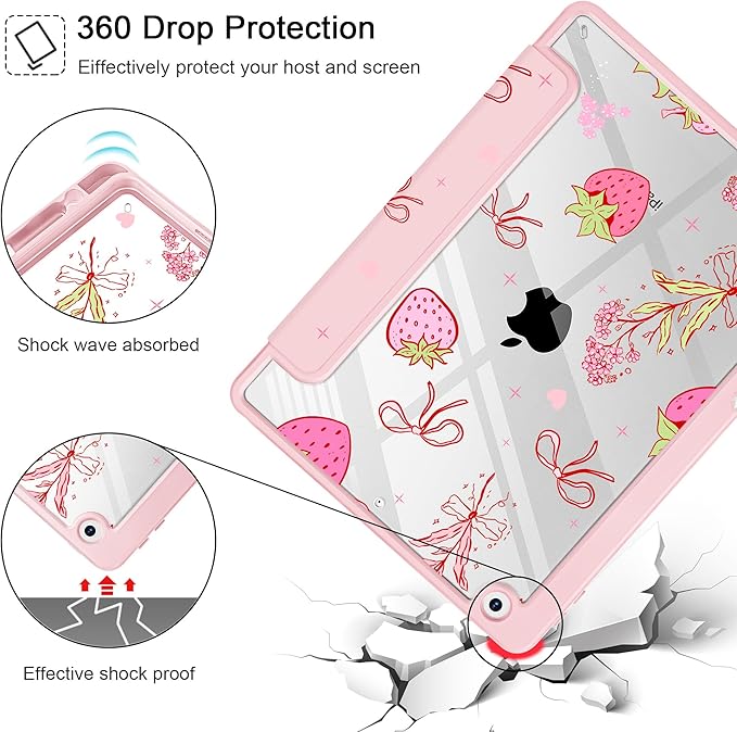May Chen for iPad 9th Generation with Pencil Holder iPad 8th/7th Gen Case 10.2-inch [Penceil Holder] Trifold Stand Auto Wake/Sleep Clear TPU Protection Back Cover Strawberry Bow