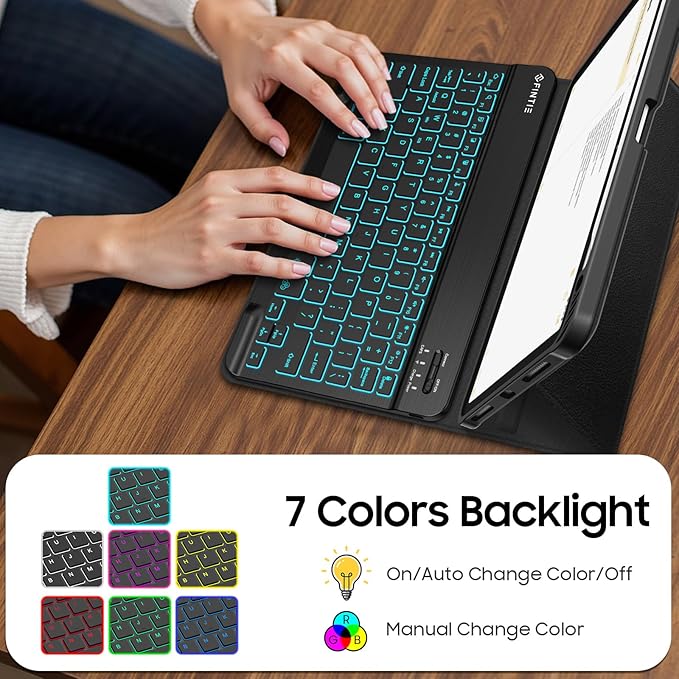 Fintie Backlit Keyboard Case for iPad Air 11-inch M4/M3/M2 (2026/2025/2024) iPad Air 5th/4th Gen 10.9 Inch - Soft TPU Cover with 7 Color Backlight Detachable Bluetooth Keyboard Black