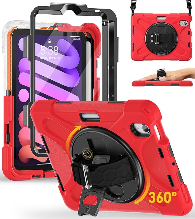 BRAECN for iPad mini 7(A17 Pro)/ 6 case 2024/2021 8.3 inch Heavy Duty Shockproof Protective with Pencil Holder Screen Protector 360°Rotating Stand Handle Full Body Cover Shoulder Strap Kids Friendly