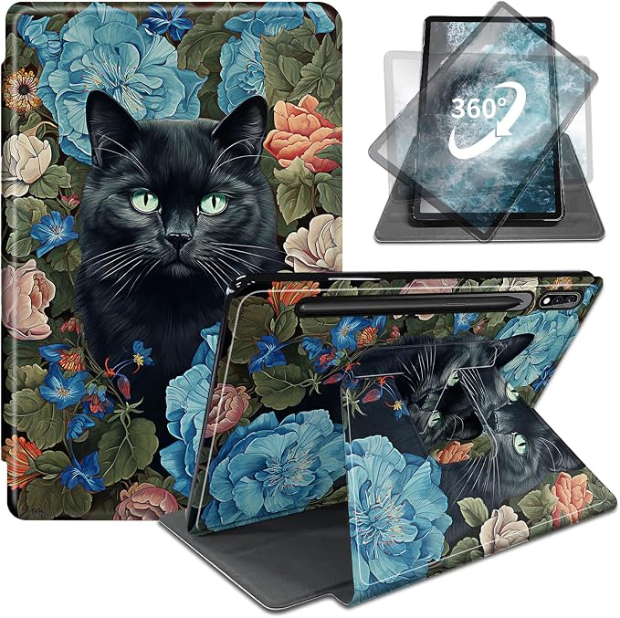Blue Flowers Black Cat