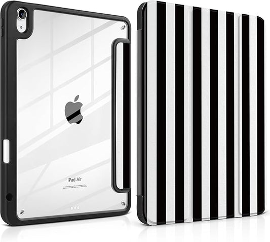 DONGKE Case for iPad Air 11-inch M4 2026 &amp M3 2025 &amp M2 2024 iPad Air 5th/4th Generation 10.9 2022/2020 [Built-in Pencil Holder] Clear Acrylic Back Trifold Stand Smart Cover Black Stripes