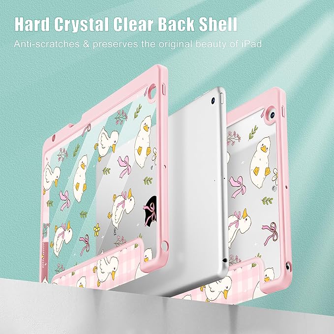 for iPad 9th Generation with Pencil Holder iPad 8th/7th Gen Case 10.2-inch [Built in Pencil Holder] Trifold Stand Auto Wake/Sleep Clear TPU Protection Back Cover Duck &amp Bow