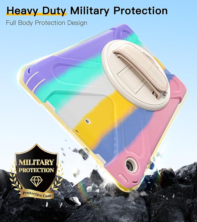 BRAECN Kids Case for iPad 6th/5th Generation 9.7 inch 2018/2017 Rugged Heavy Duty Shockproof Cover for iPad 6th/5th Gen 360° Rotating Kickstand &amp Soft Hand Strap &amp Shoulder Strap Light Rain