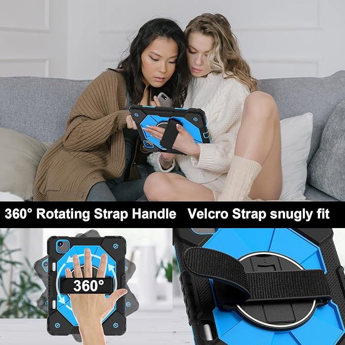 Case for iPad Air 11 inch M2 2024Tablet case for iPad Air 6th Generation Kids case Shockproof Protective with 360° Rotate Kickstand Hand Strap Shoulder Strap Cover Black/Blue