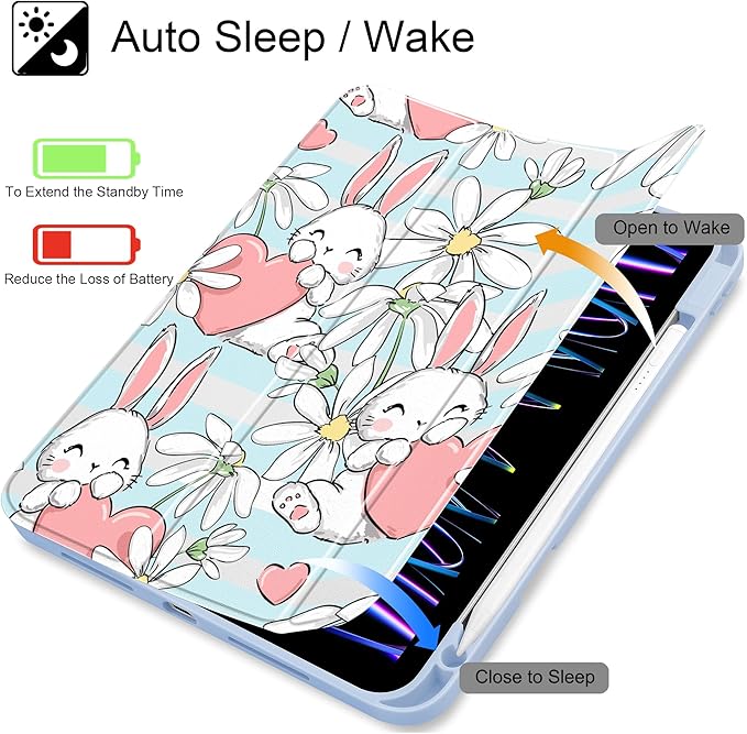 May Chen for iPad Pro 11 inch M2 4th Generation 2022 iPad Pro 11 3rd/2nd/1st Gen Built-in Pencil Holder with Shockproof Cover Clear Transparent Back Shell Auto Wake/Sleep Heart Rabbits