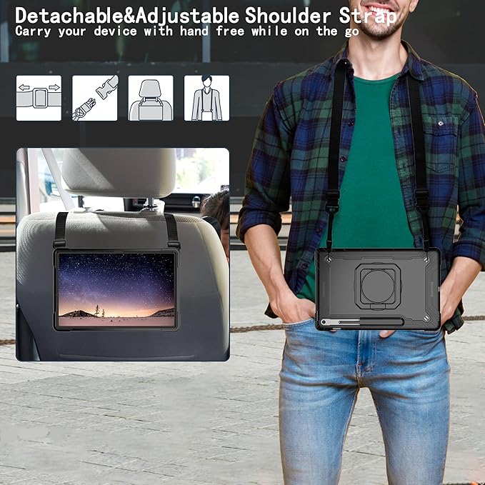 DETUOSI Case for Samsung Galaxy Tab S10 FE Plus 13.1 inch 2025 with Pencil Holder Heavy Duty Shockproof Case with Rotatable Stand &amp Shoulder Strap Black