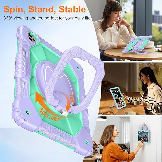 Case for iPad Pro 13 Inch M5 2025 / M4 2024 Auorld for iPad Pro 13 Inch M5 2025 with Screen Protector 360 Degree Rotating Stand Shoulder Strap Pencil Holder Purple Mint