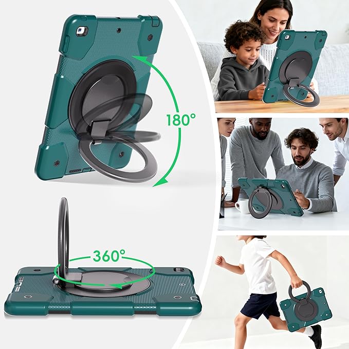 Case for iPad 9th/8th/7th Generation 10.2 inch Shockproof Cover with Screen Protector/360° Rotate Stand/Pencil Holder/Shoulder Strap Kids Case for iPad 2021/2020/2019 (Dark Green+Black)