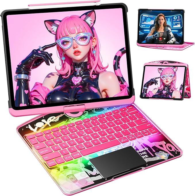 KITONE Transparent Case with Wireless Keyboard for iPad 11th Gen 11-in.(A16 2025) 2022 iPad 10th Gen 10.9-in 7 Colors Backlight Trackpad 360°Rotating Stand Tech Style