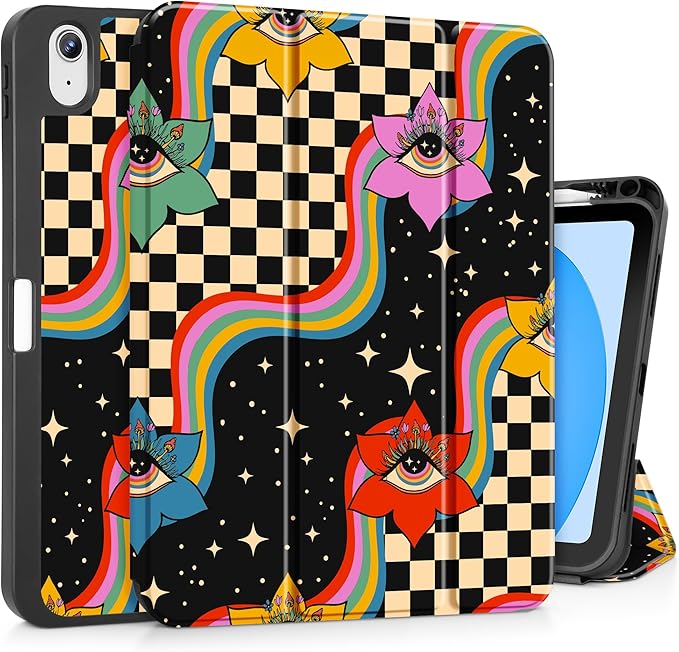 Tuiklol Case for iPad 10.2 Inch 2021 2020 2018 Release 9th / 8th / 7th Generation Built-in Pencil Holder TPU Protective Stand Back Cover Trifold Stand-Auto Wake/Sleep Flowers &amp Eyes