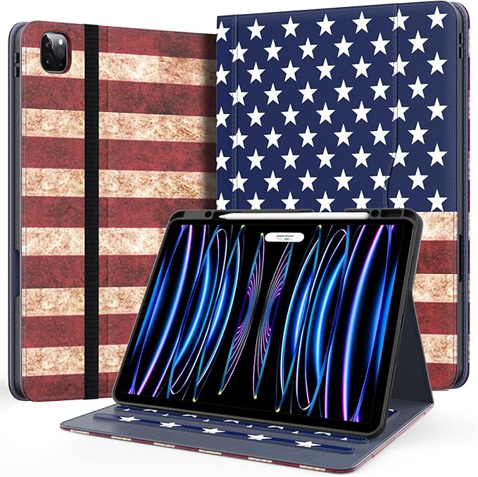 Case for New iPad Pro 12.9 inch 6th/5th/4th/3rd Generation 2022/2021/2020/2018 12.9'' ipad Pro Leather Folio Protective Cover 6/5/4/3 Gen with Pencil Holder Auto Wake/Sleep Flag