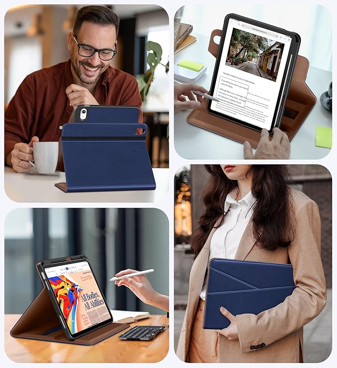 DTTO for iPad A16 Case iPad 11th / 10th Generation Case (2025/2022) 360 Degree Rotating Premium Leather Folio Stand Cover with Pencil Holder Navy Blue
