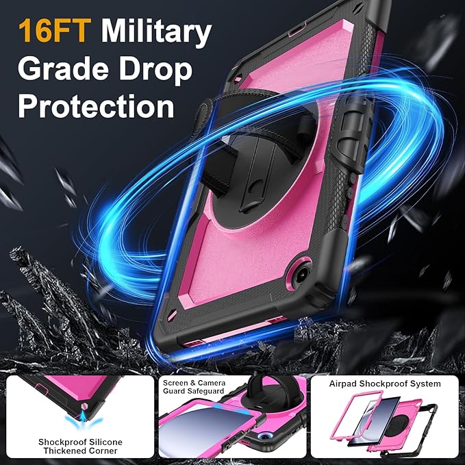 Case for Samsung Galaxy Tab A9+/A9 Plus 11 Inch 2023(SM-X210/X216/X218) Ubearkk Full-Body Drop Protection Case with Screen Protector 360° Rotating Stand and Hand/Shoulder Strap Pink