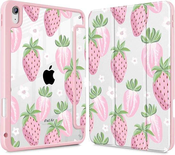May Chen for iPad Air 11-inch M4/M3/M2 (2026/2025/2024) iPad Air 5th/4th 10.9 Inch - Shockproof Cover with Clear Back Shell &amp Penceil Holder Auto Wake/Sleep Stand Cover Strawberries