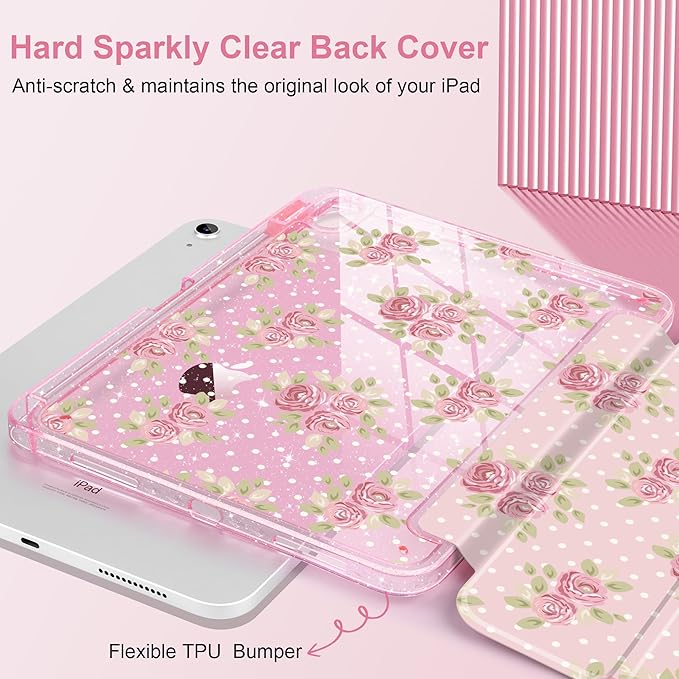 MEEgoodo Case for iPad A16 11th Generation 2025/10th Generation 2022 Glitter Tablet Cases with Transparent Acrylic Back+Trifold Stand +Pencil Holder+Auto Wake/SleepVintage Chic Floral
