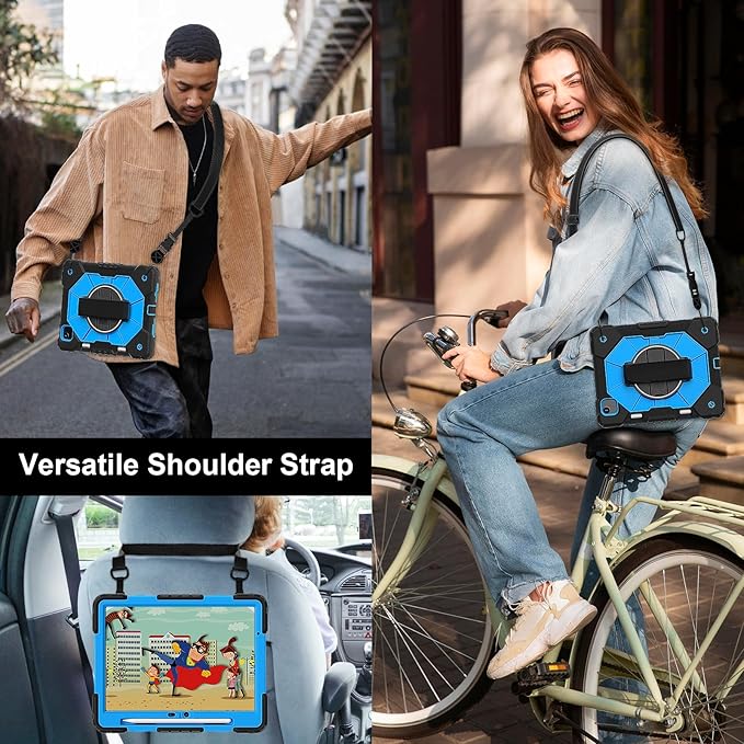 Case for iPad Air 11 inch M2 2024Tablet case for iPad Air 6th Generation Kids case Shockproof Protective with 360° Rotate Kickstand Hand Strap Shoulder Strap Cover Black/Blue