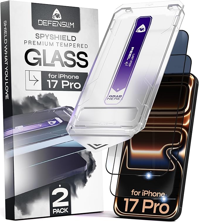 Defenslim for iPhone 17 Pro Privacy Screen Protector (2Pack) 6.3 Tempered Glass 9H Hardness Case Friendly Easy Auto-Dust &ampPrivacy Protection SpyShield
