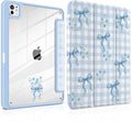 TWOLSKOO Case for iPad Pro 11-inch (M5 2025 / M4 2024) Clear Acrylic Back with TPU Bumper Pencil Holder Trifold Stand Auto Sleep/Wake Blue Gingham Bows