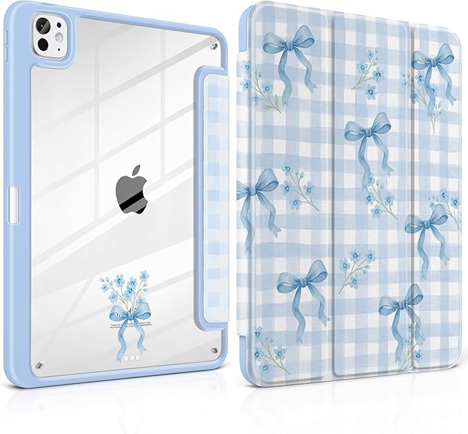 TWOLSKOO Case for iPad Pro 11-inch (M5 2025 / M4 2024) Clear Acrylic Back with TPU Bumper Pencil Holder Trifold Stand Auto Sleep/Wake Blue Gingham Bows