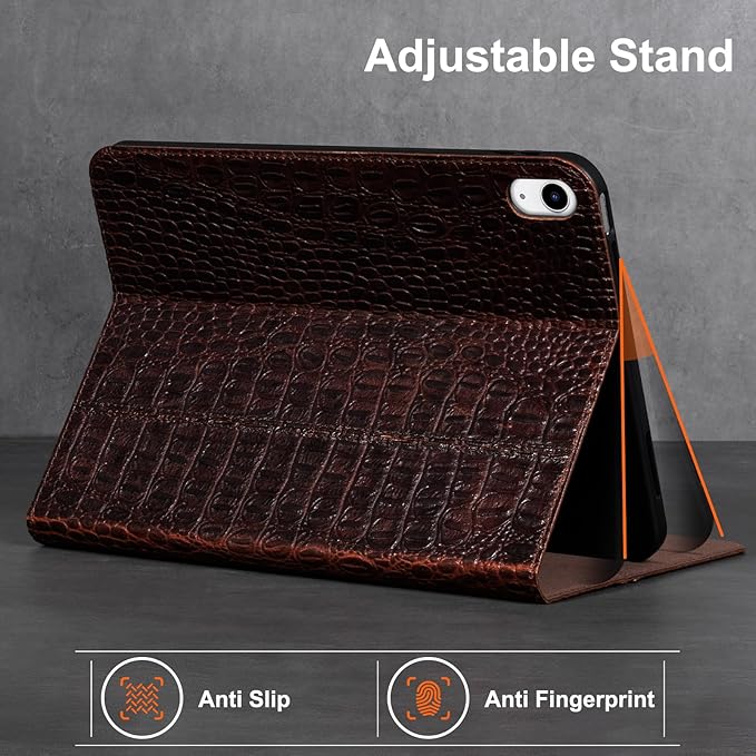 Gexmil Leather Case for iPad (A16) 11th Generation 11 Inch 2025 iPad 10th Generation 10.9 Inch 2022Protective Full Grain Leather Cover Support Auto Sleep/WakeAnti SlipBrown Crocodile