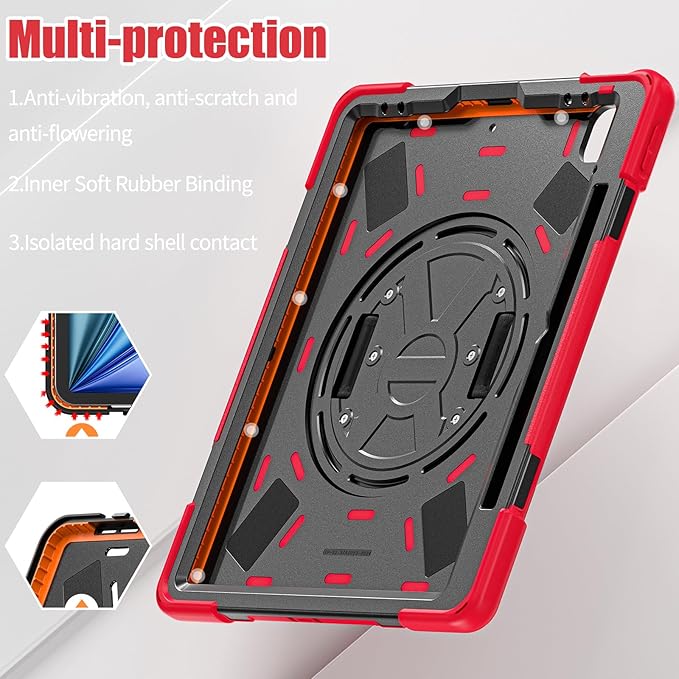 for iPad Air 13-inch M2 (2024) A2898/A2899 for iPad Pro 12.9 Rugged Case Portable Heavy Duty Shock-Proof Armor Cover with Swivel Kickstand/Hand Grip Shoulder Strap Pencil Holder (Red)