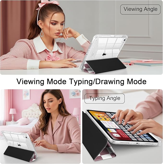 DONGKE for iPad Pro 11 inch Case – Fits M5 2025 / M4 2024 Shockproof Sparkling Glitter Acrylic Back Pencil Holder Trifold Stand Auto Sleep/Wake &amp Touch ID Support - Brown Checkerboard