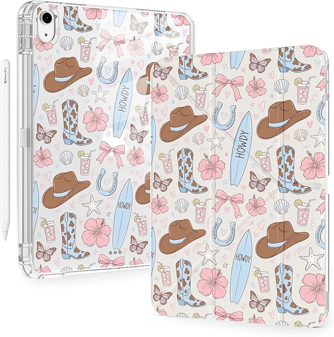 Cute Western Cowboy Flower for iPad Pro 11 Inch Case (M5/M4) 2025/2024 with Pencil Holder Auto Sleep/Wake White Leather Acrylic Back Detachable Cover