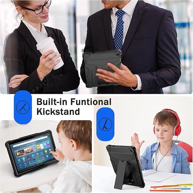 Case for Amazon Fire HD 10 Tablet 10.1 Inch Display (13th Generation 2023 Released) - Heavy Duty Hybrid Kickstand Case Cover + 1 Screen Protector and 1 Random Stylus (Black/Black)