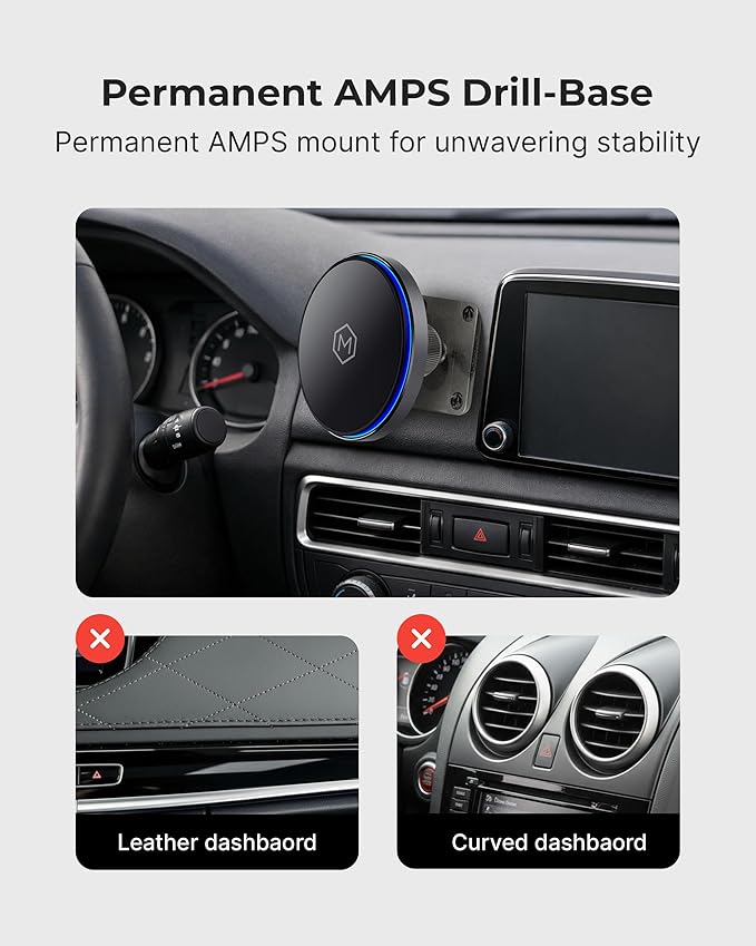 MagSwitch Qi2 Magsafe Car Mount Charger - Magnetic Cell Phone Holder with AMPS Plate Mount 15W Fast Charger with a Built in On/Off Switch for Charging Compatible with iPhone &amp Samsung