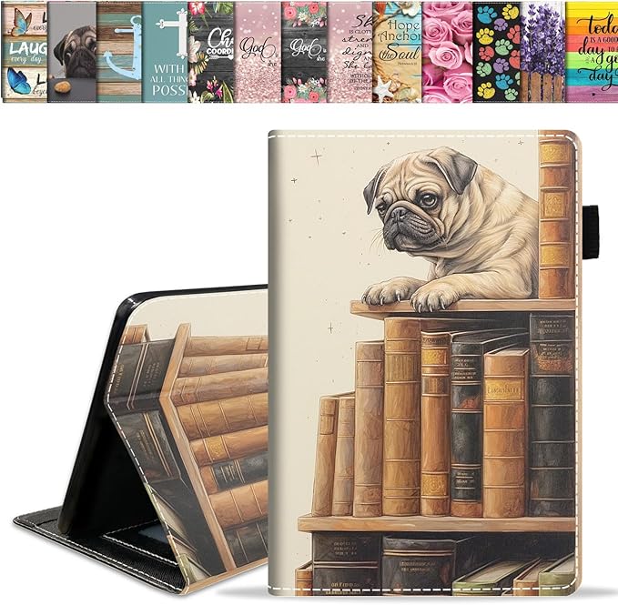 Case for All-New Amazon Fire HD 10 &amp 10 Plus Tablet 10.1 (13th/11th Generation 2023/2021 Release) Slim PU Leather Stand Cover with Card Slot &amp Auto Wake/Sleep Pug on Bookshelf