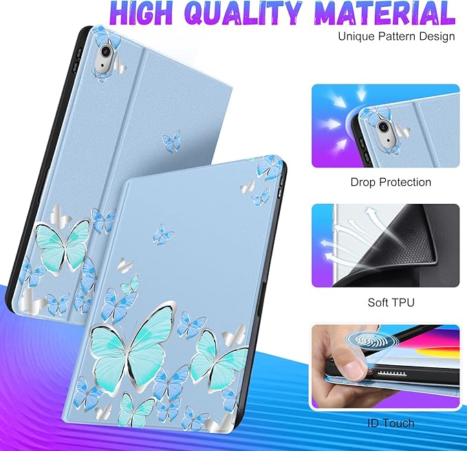 for iPad 10th Generation Case 10.9 Inch for iPad 11th(A16) 2025 Girls Cute Women Folio Cover with Pencil Holder Blue Butterfly Aesthetic Design Girly Teens Unique Tablet Cases for Apple 10/11