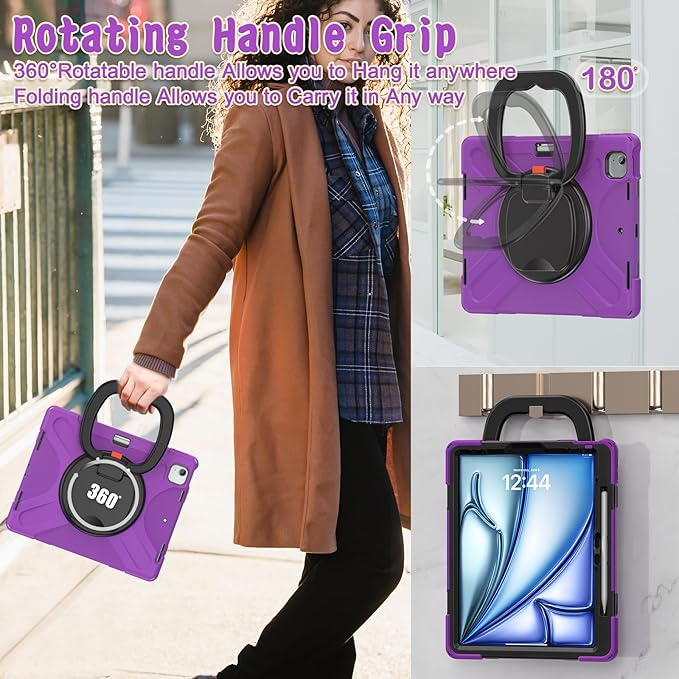 SCSVPN Case for iPad Air 13 inch M4 2026/ M3 2025/ M2 2024 &amp iPad Pro 12.9'' Case 6th/5th/4th/3rd Gen 2022 2021 2020 2018 Protective Cover with Pencil Holder Stand Handle Shoulder Strap Purpl