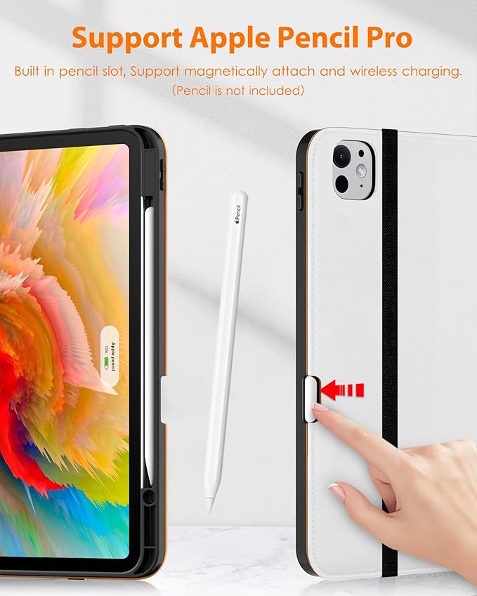 DTTO for iPad Pro 13 inch Case (M4) 2024 Premium Leather Business Folio Stand Cover with Pencil Holder - Auto Wake/Sleep and Multiple Viewing Angles Built in Hand Strap &amp Pocket White
