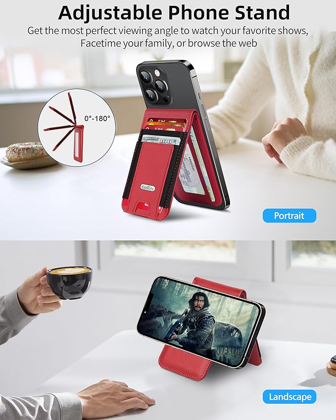For Magsafe Wallet Stand Strongest Magnetic Wallet for iPhone 17/16/15/14/13/12 Series Magnetic Card Holder with Adjustable Stand ID Window 10 Cards Holder Vegan Leather RFID Blocking Red